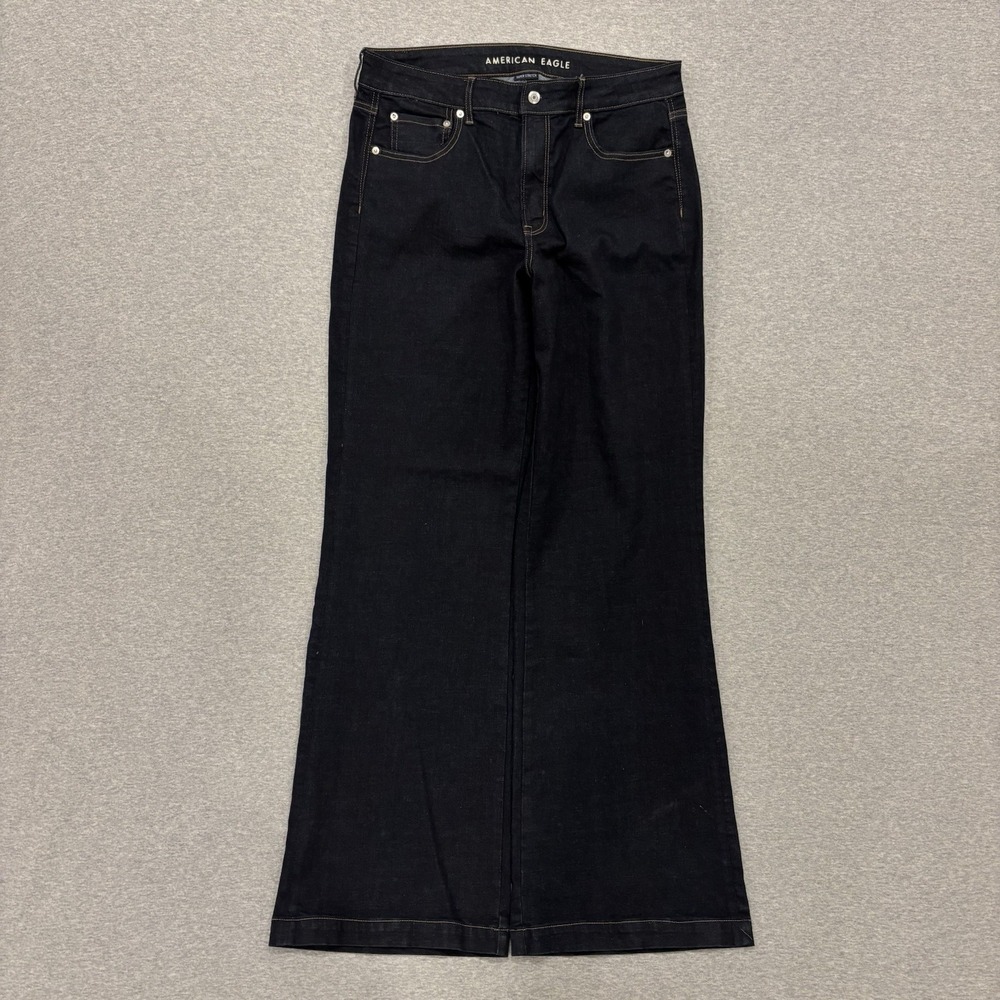 American Eagle Wide Leg Jeans Womens's Size 14 X-Long Blue Dark Wash Denim Flare - Picture 2 of 11